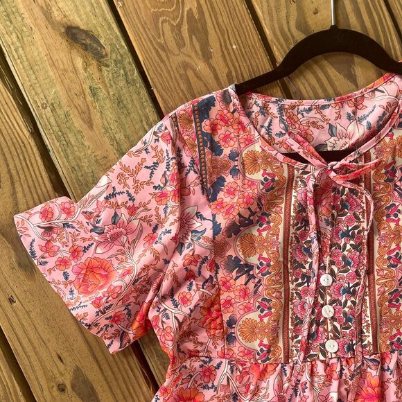 NWOT Shein Vcay Floral Tie Collar Dress - Ruffle Hem - Short Sleeve - Large - Picture 4 of 8